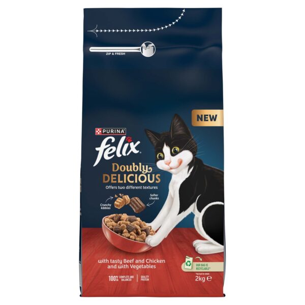 Felix Doubly Delicious Beef, Chicken & Vegetables Adult Dry Cat Food 2kg - Image 2